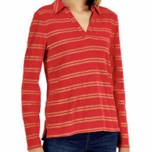 Charter Club Top Women's Size Large Red/Gold Stripes Collared Long Sleeves ps223
